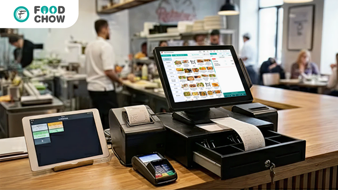 Restaurant POS hardware setup with touchscreen terminal, receipt printer, cash drawer, and card payment machine in a modern restaurant