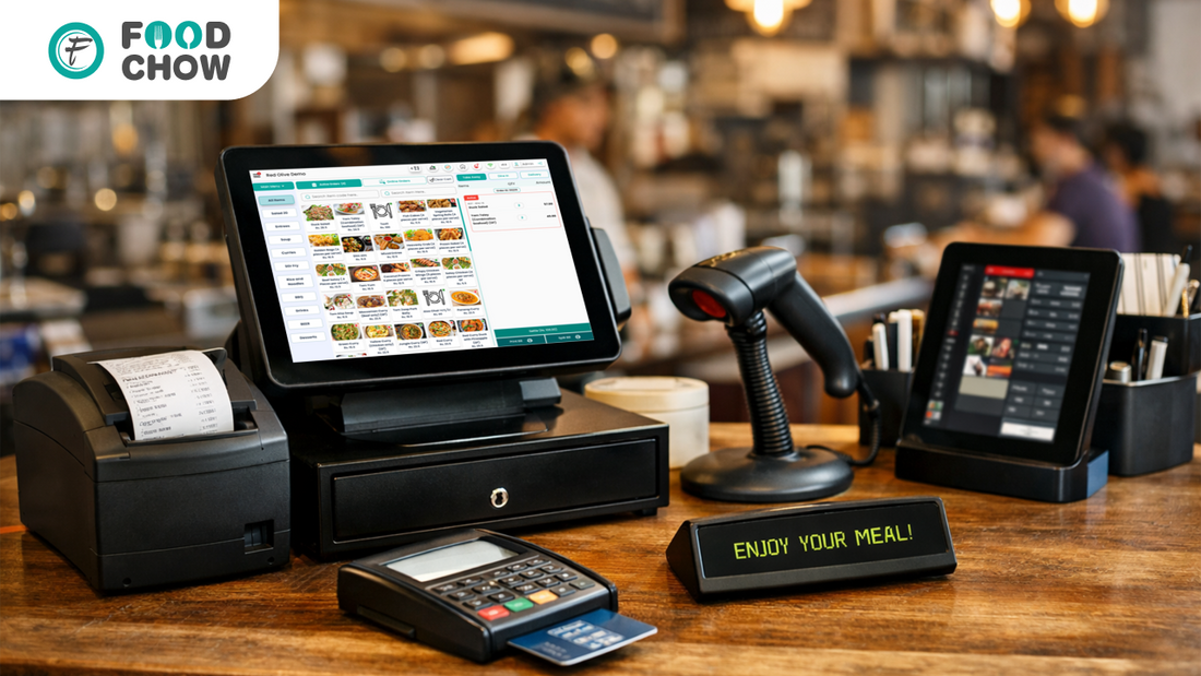 Restaurant POS accessories setup showing touchscreen terminal, receipt printer, kitchen display screen, and QR menu stand in use.