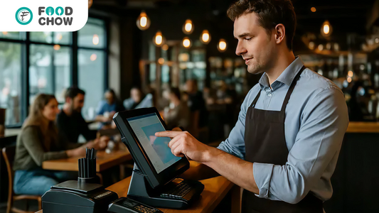 Restaurant software reseller explaining POS and online ordering solutions to a restaurant owner in 2025