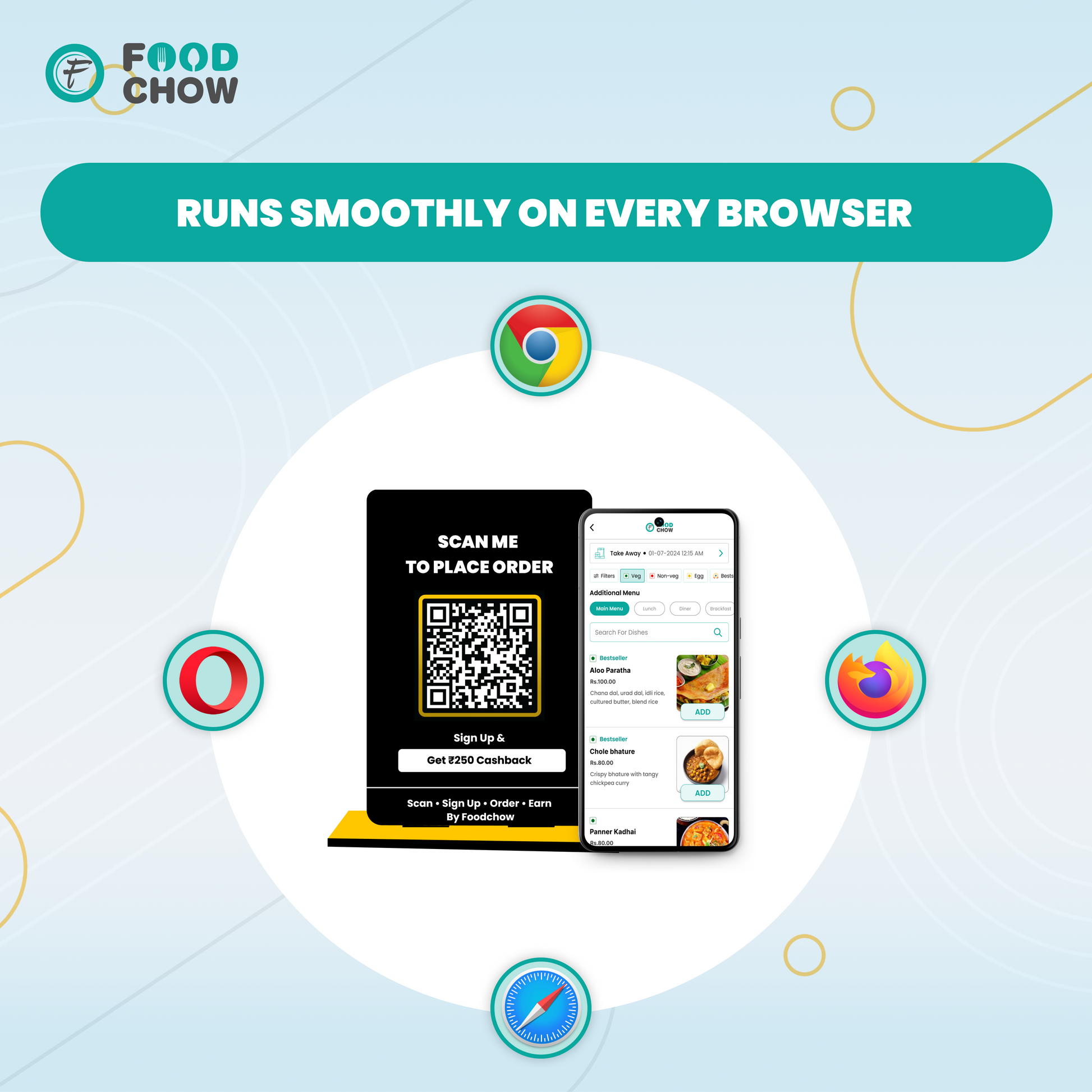 FoodChow QR ordering standee on all devices and browsers