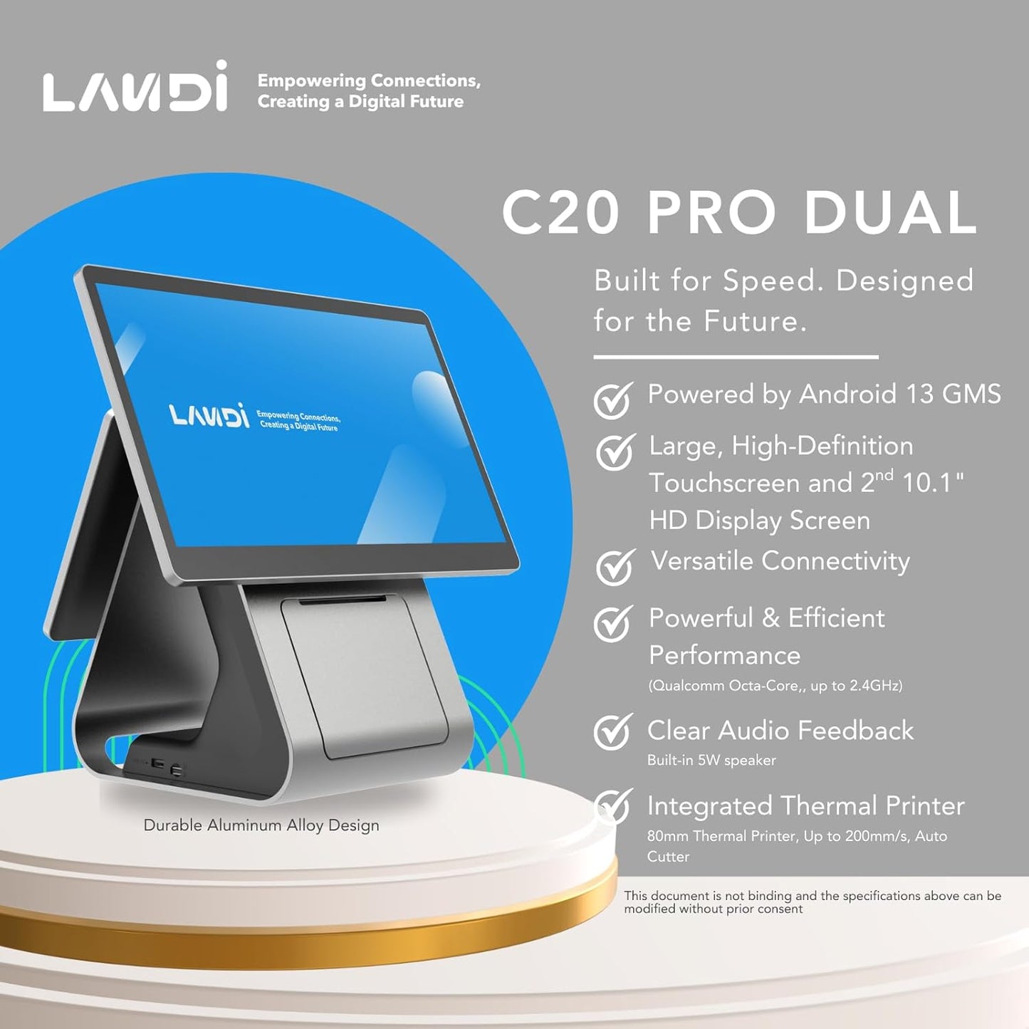 LANDI C20 Pro Dual Display Android POS Terminal with Built-in Printer for Cloud Kitchen