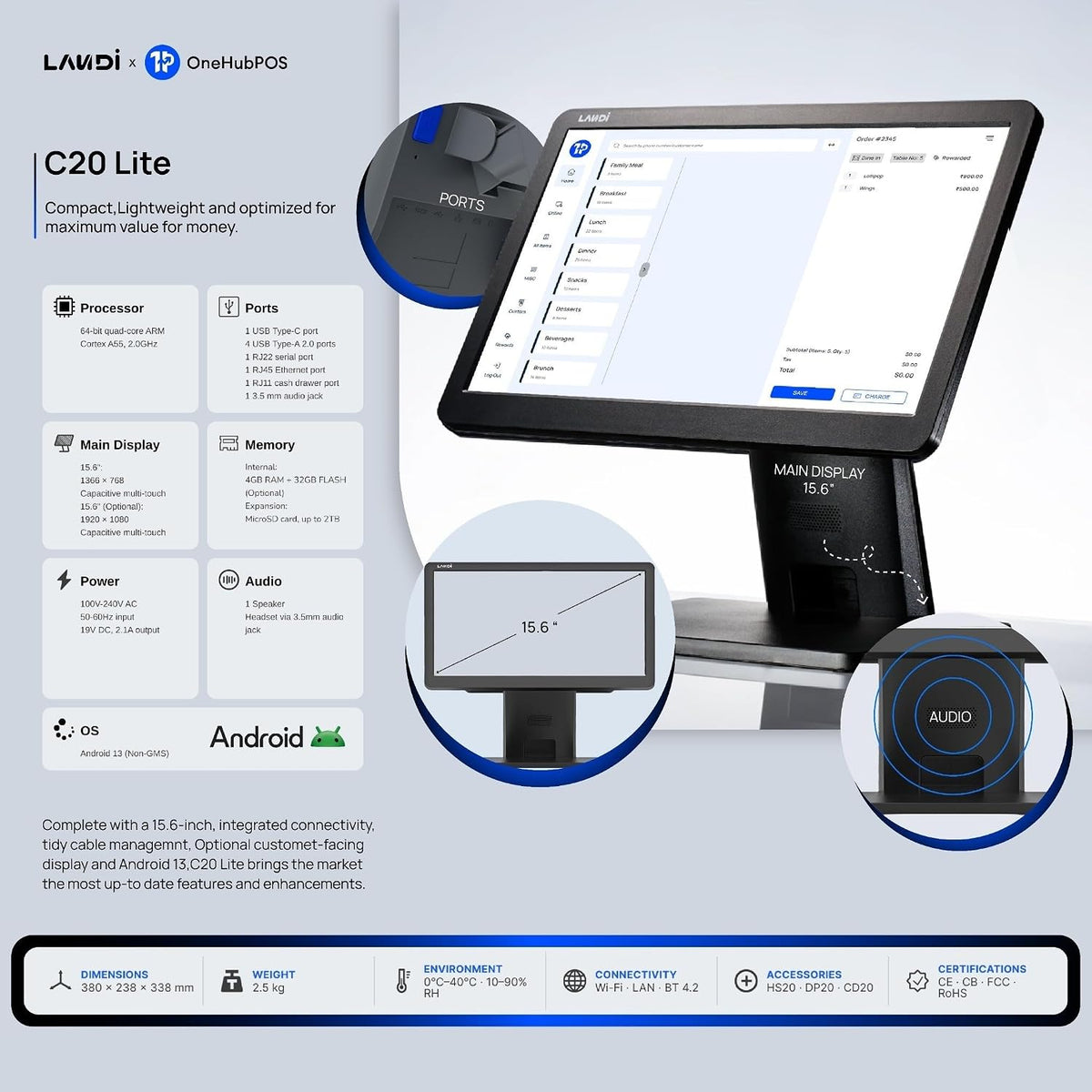 Landi C20 Lite Touchscreen Billing Terminal | FoodChow POS for Restaurants