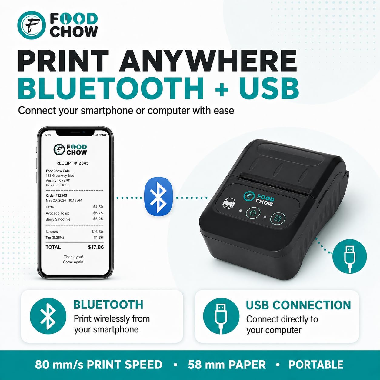 FoodChow Mini Portable Receipt Printer (58mm)